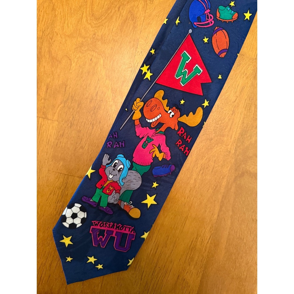 Vintage 1993 Rocky and Bullwinkle Wossamotta U Navy Blue Novelty Silk Look Tie